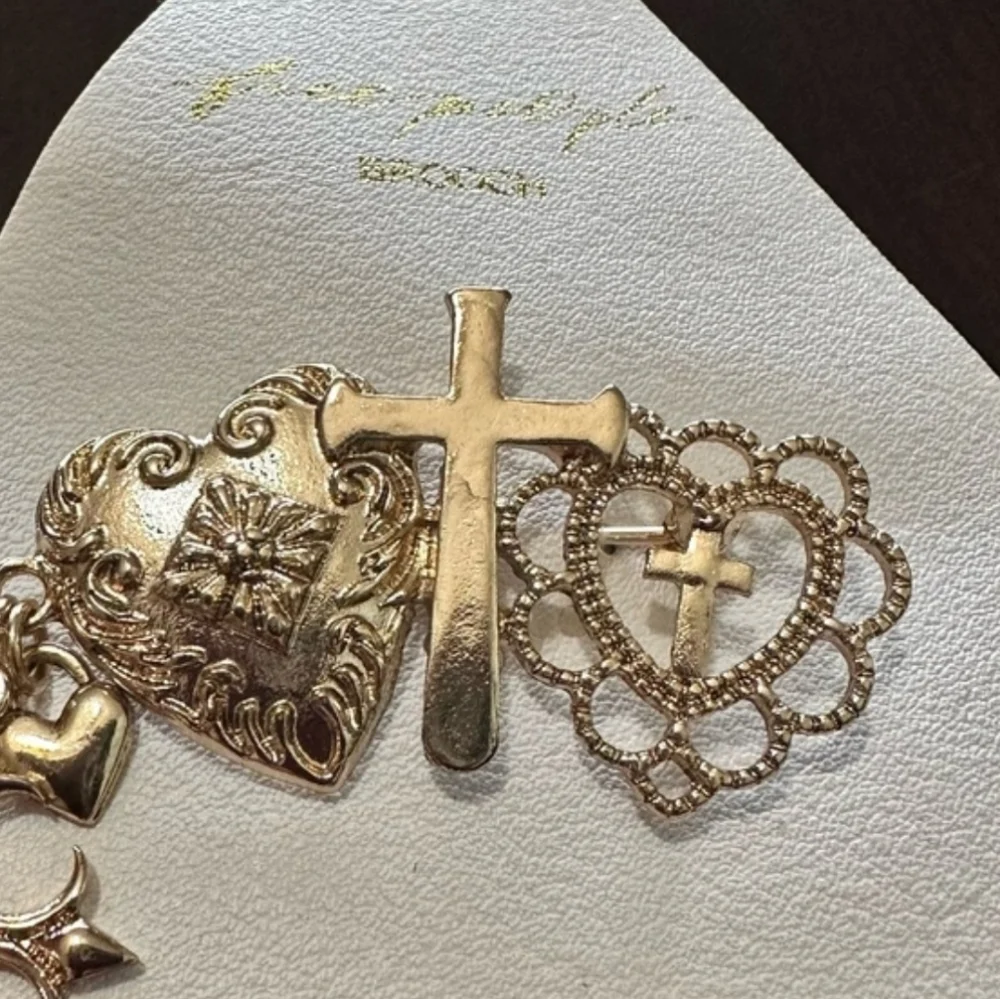 FREE PEOPLE Harmony Brooch Heart Cross Charms Gold Tone Pin NWT